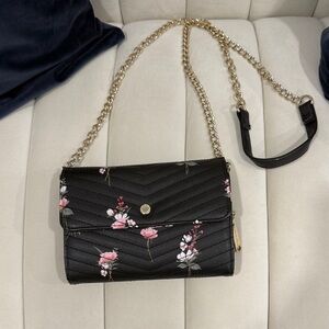 Floral Black Quilted Chain Shoulder Bag